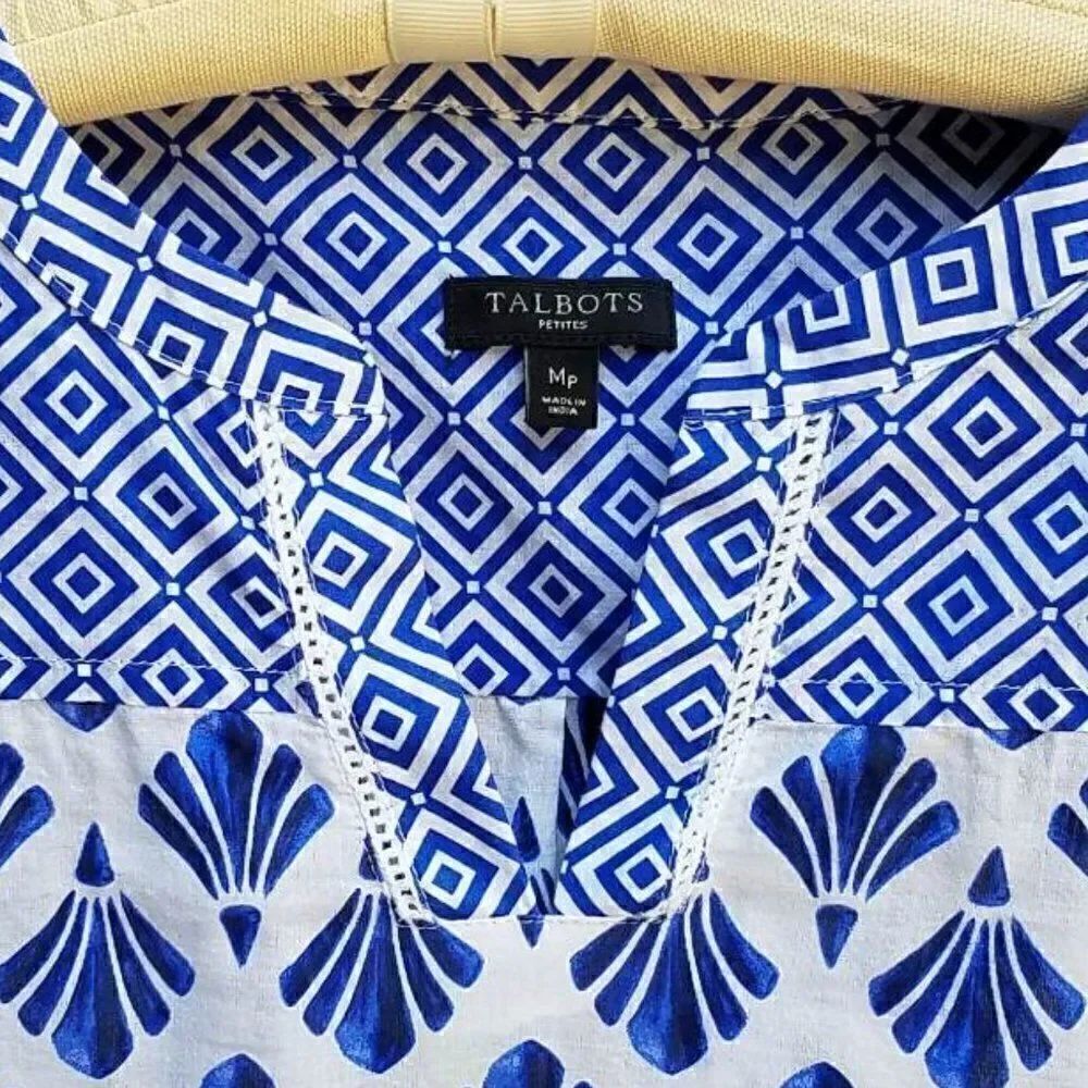 Talbot's Blue White Geometric Print Cotton Top size MP - Picture 7 of 8